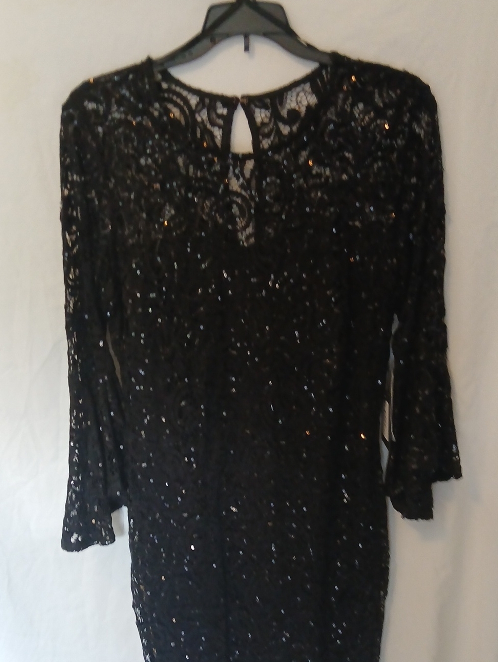 MARINA Black Lace Sequin Long-Sleeve Sheath Dress Bell Flare Sleeve